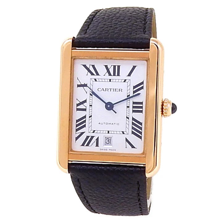 Cartier Tank Solo XL 18k Rose Gold Watch: Cartier Tank Solo XL men’s watch in 18k rose gold with black leather strap, silver dial, and automatic movement. Elegant modern classic with date feature. - Model: W5200026, automatic movement - Cas