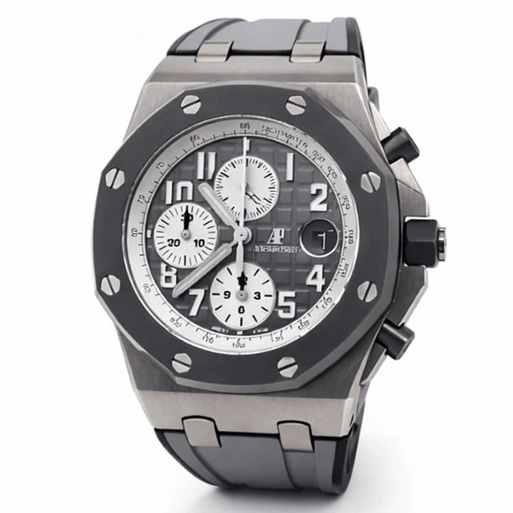 AP Royal Oak Offshore Ghost Titanium Watch: Audemars Piguet Royal Oak Offshore 'Ghost' edition men's watch with titanium case, slate grey dial, and grey rubber strap. Features chronograph, date, and automatic movement. - Model: 26470IO.OO.A006C