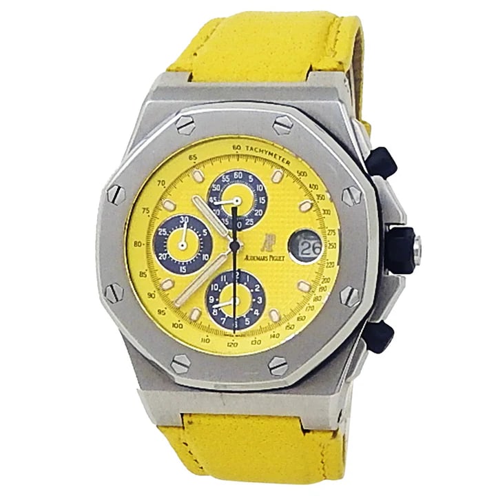 AP Royal Oak Offshore Steel Chrono Watch: Audemars Piguet Royal Oak Offshore men's automatic chronograph with stainless steel case, yellow dial, and yellow leather strap. Bold design without box or papers. - Model: 25770ST.OO.D050BU.02, autom