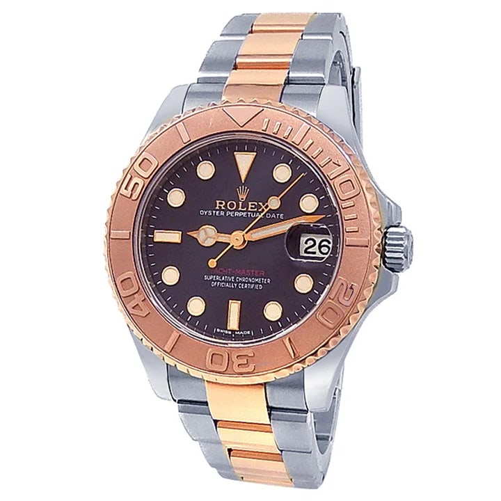 Rolex 18k Everose Steel Yacht-Master Watch: Rolex Yacht-Master midsize automatic watch in 18k Everose gold and stainless steel with Oyster bracelet and black dial, featuring date function and original box and card. - Model: 268621, automatic mo