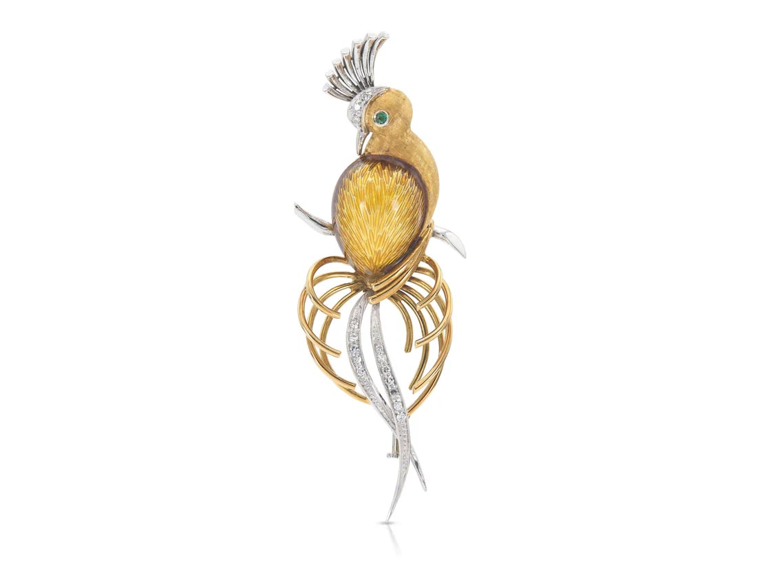 1970s Italian Gold Enamel Bird Brooch: Whimsical 1970s bird brooch crafted in 18k yellow and white gold with enamel detailing, set with single cut diamonds and a round emerald, made in Italy. - 18k yellow and white gold with enamel - Singl