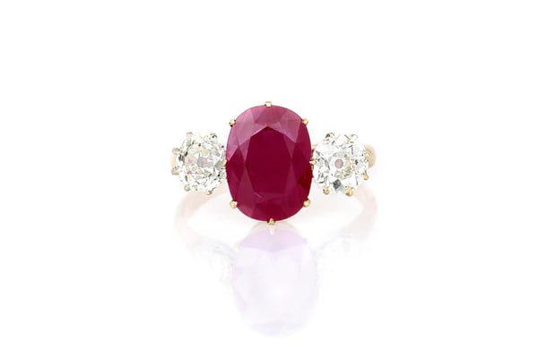 1950s 18k Gold 3.00ct Ruby 2.25ct Diamond Ring: Vintage 1950s ring crafted in 18k yellow gold and platinum featuring a 3.00ct Burma origin oval ruby and 2.25tcw Old European cut diamonds, ring size 7.25. - Approx. 3.00ct Burma-origin oval cut ruby