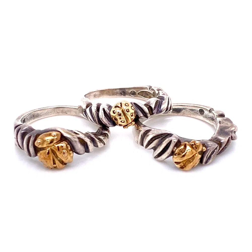Diane Malouf 14k Silver Ladybug Ring Set: Diane Malouf triple Ladybug ring set crafted in .925 sterling silver and 14k yellow gold, featuring whimsical ladybug motifs in a bold stacked design. - Marked: Diane Malouf, 925 & 14k - Triple ladybu