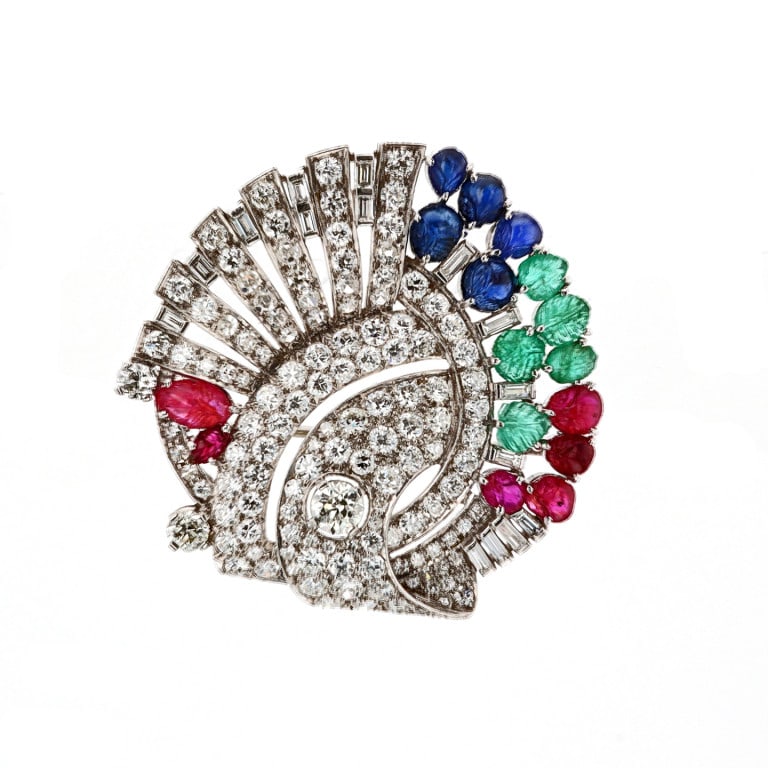 Art Deco Platinum Diamond Ruby Emerald Sapphire Brooch (1 of 3)