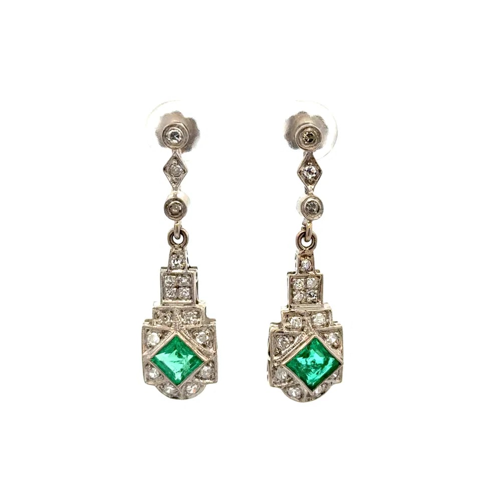 Art Deco 15k Gold 2ct Emerald Diamond Earrings (1 of 4)