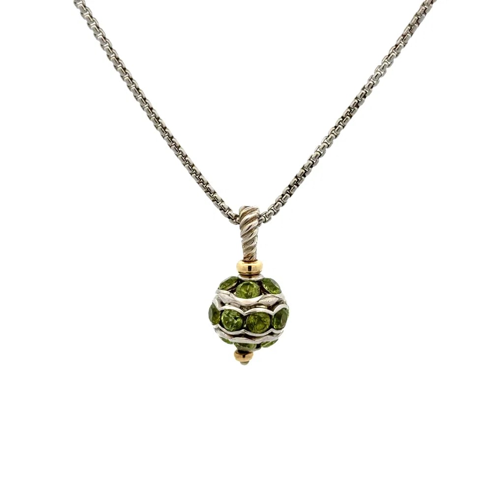 David Yurman 18k Silver Peridot Pendant: David Yurman pendant necklace crafted in .925 sterling silver and 18k gold, featuring a peridot cluster sphere design suspended from a rope chain, 16 inches. - Marked: David Yurman, 925 & 18k - Perido