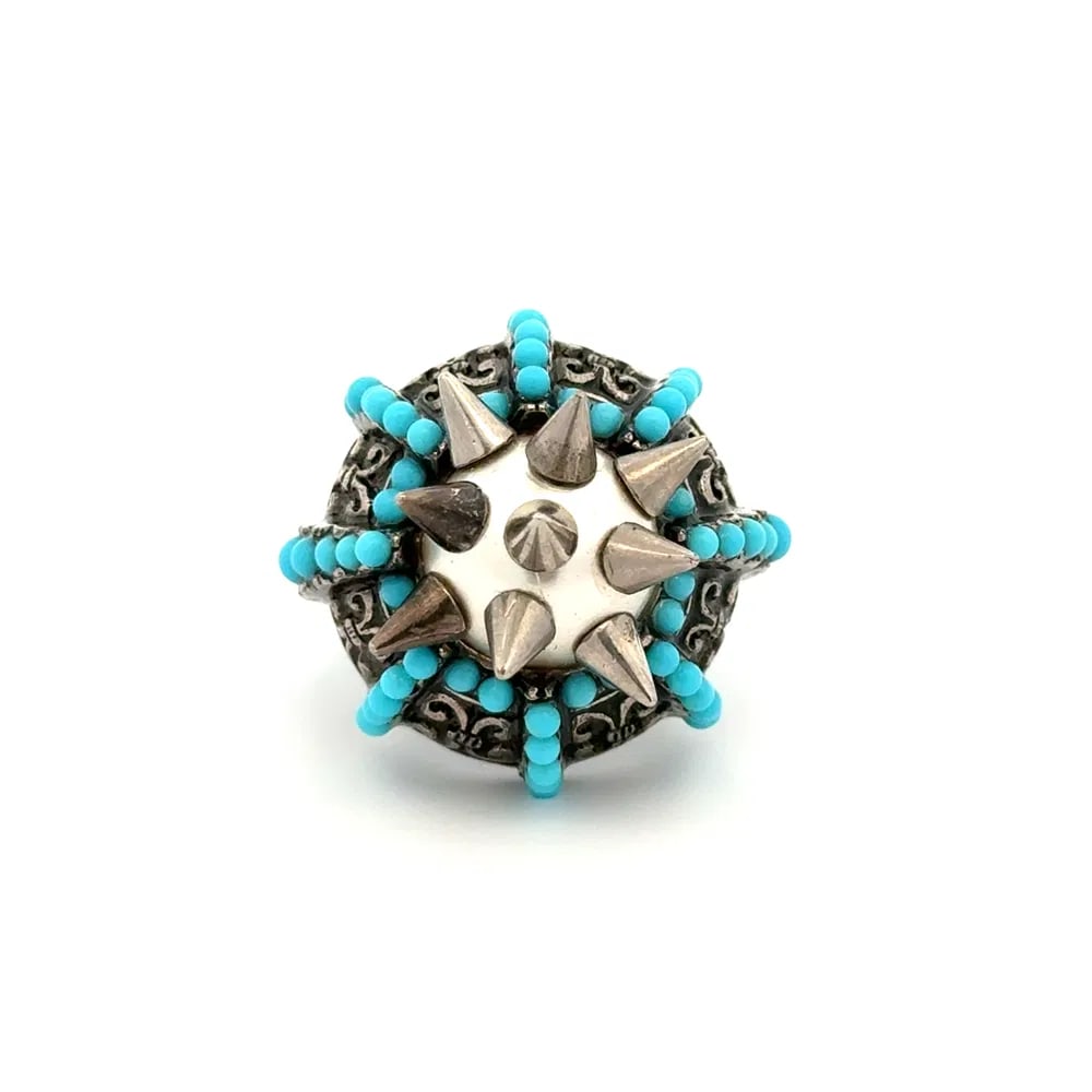 Gucci Faux Pearl Turquoise Spike Ring: Gucci statement ring featuring faux pearls and turquoise-like beads in a bold spike Sputnik design, weighing 23.7 grams, size 7.5, with original box. - Marked: GUCCI - Faux pearl and turquoise-style b