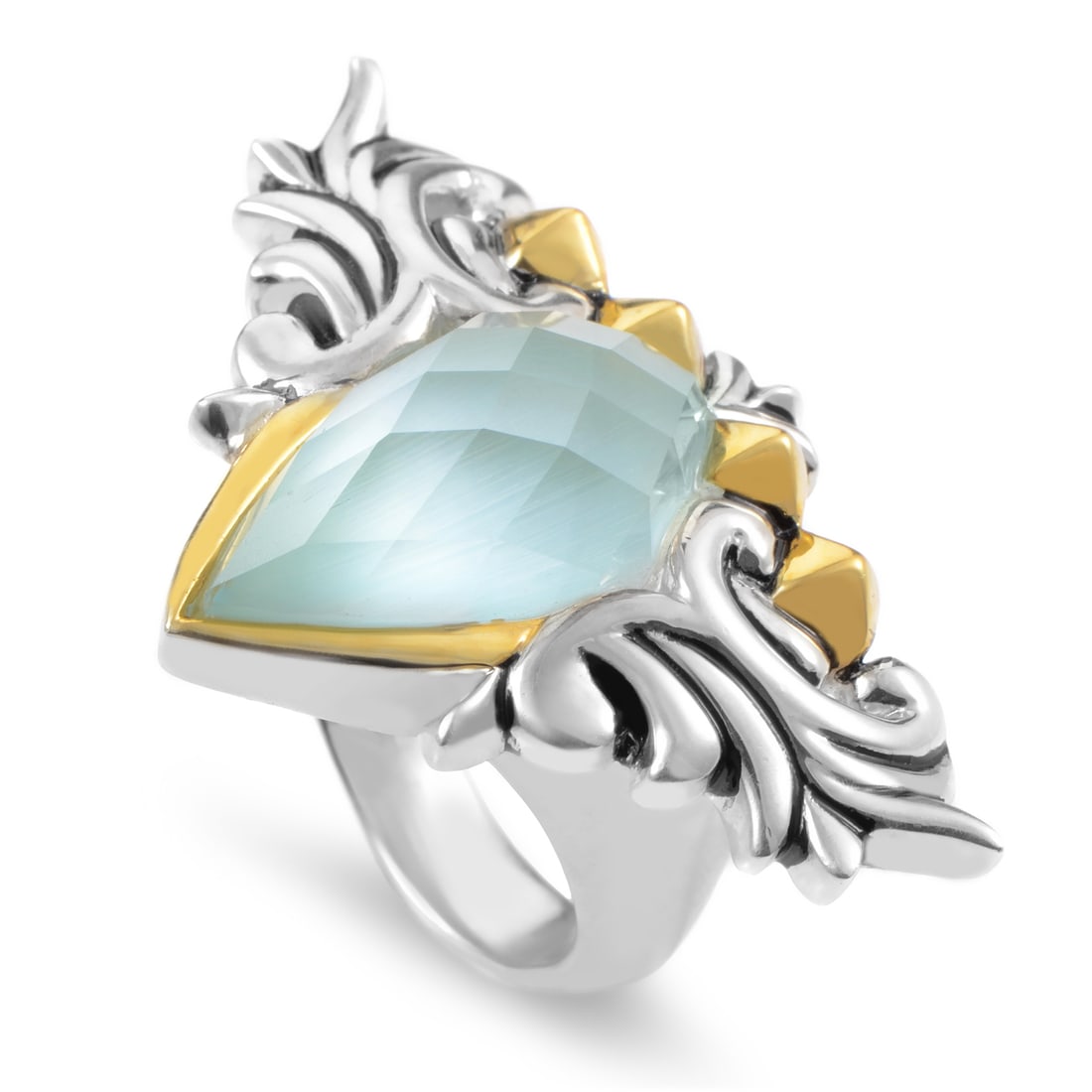 Stephen Webster Silver Cat’s Eye Quartz Ring: Stephen Webster Superstud Baroque ring crafted in gold-tone sterling silver, featuring a striking cat’s eye gemstone accented by clear quartz in an ornate sculptural setting. - From the Superstud Ba