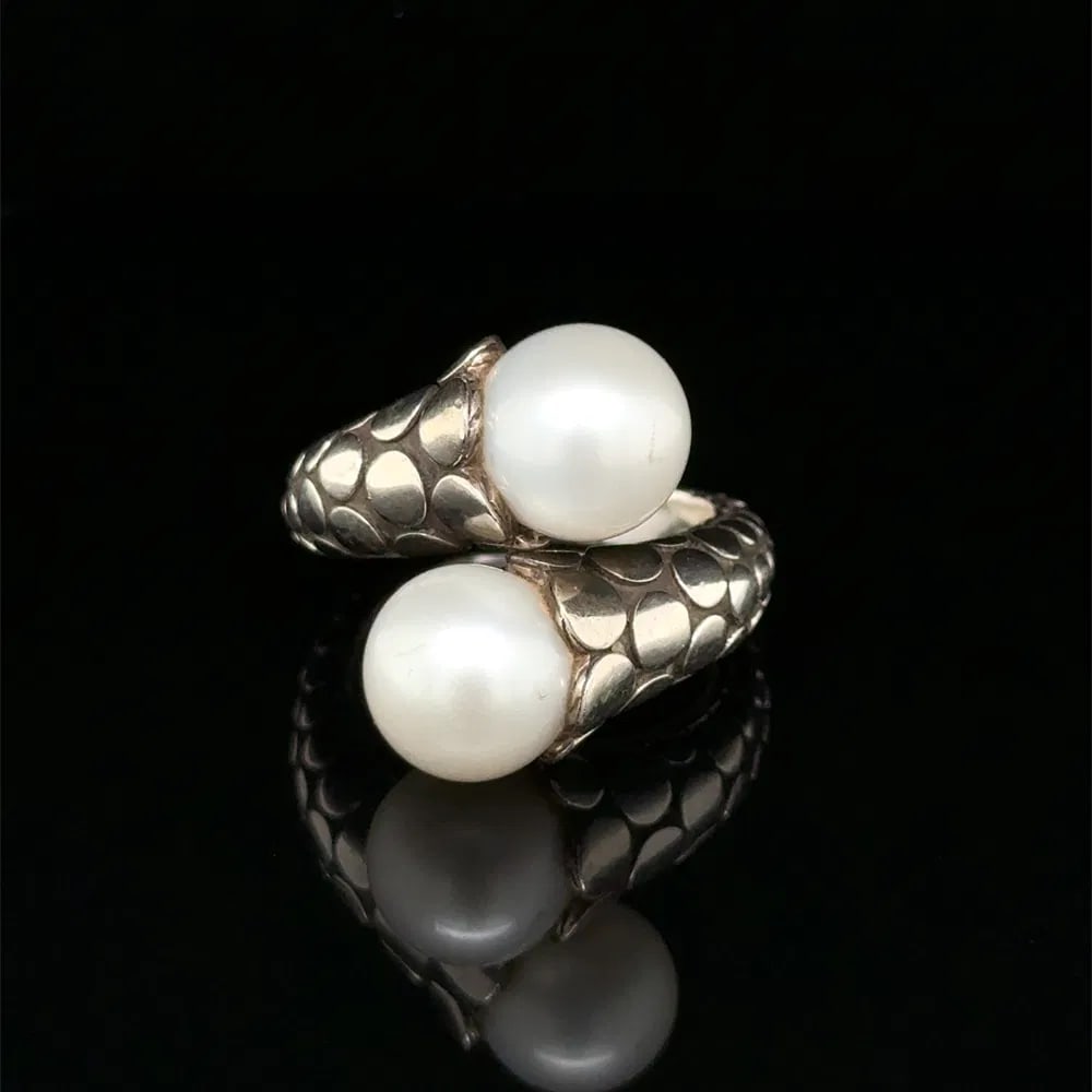 John Hardy Sterling Pearl Dot Ring: John Hardy Dot collection bypass ring crafted in .925 sterling silver featuring a 10.5mm pearl, weighing 13.6 grams, size 8.5. - Marked: John Hardy, .925 sterling silver - Pearl: approx. 10.5mm diamet