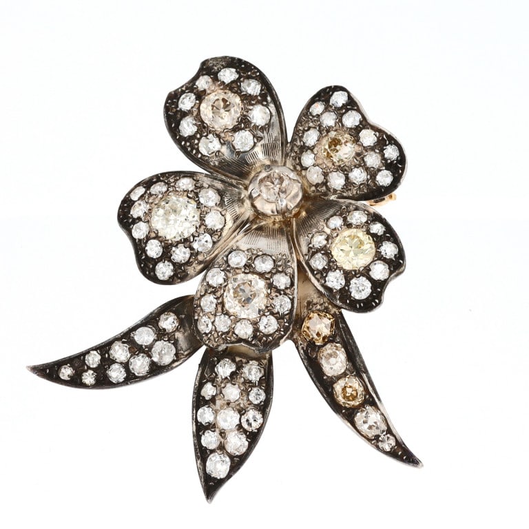Victorian Silver 17.5k Gold Diamond Floral Brooch (1 of 1)