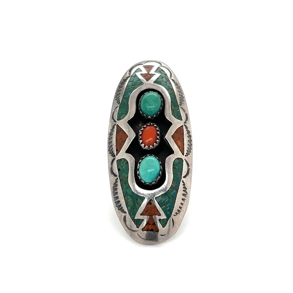 Sterling Silver Turquoise Coral Inlay Ring (1 of 4)