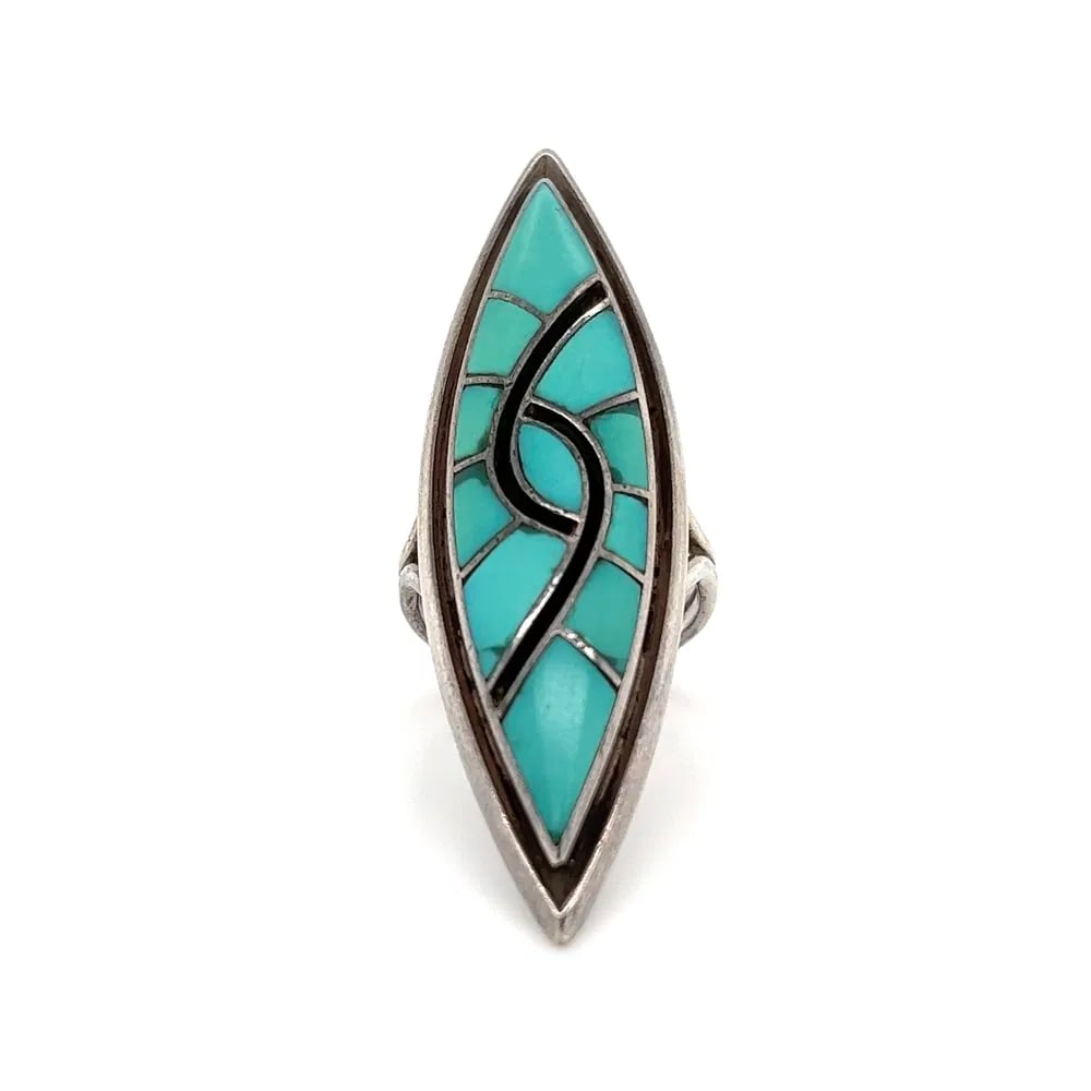 Sterling Silver Native Turquoise Navette Ring: Native American D&A Q navette ring crafted in 925 sterling silver featuring turquoise inlay, weighing 13.6 grams in a bold size 7 statement design. - 925 sterling silver construction - Navette-shaped