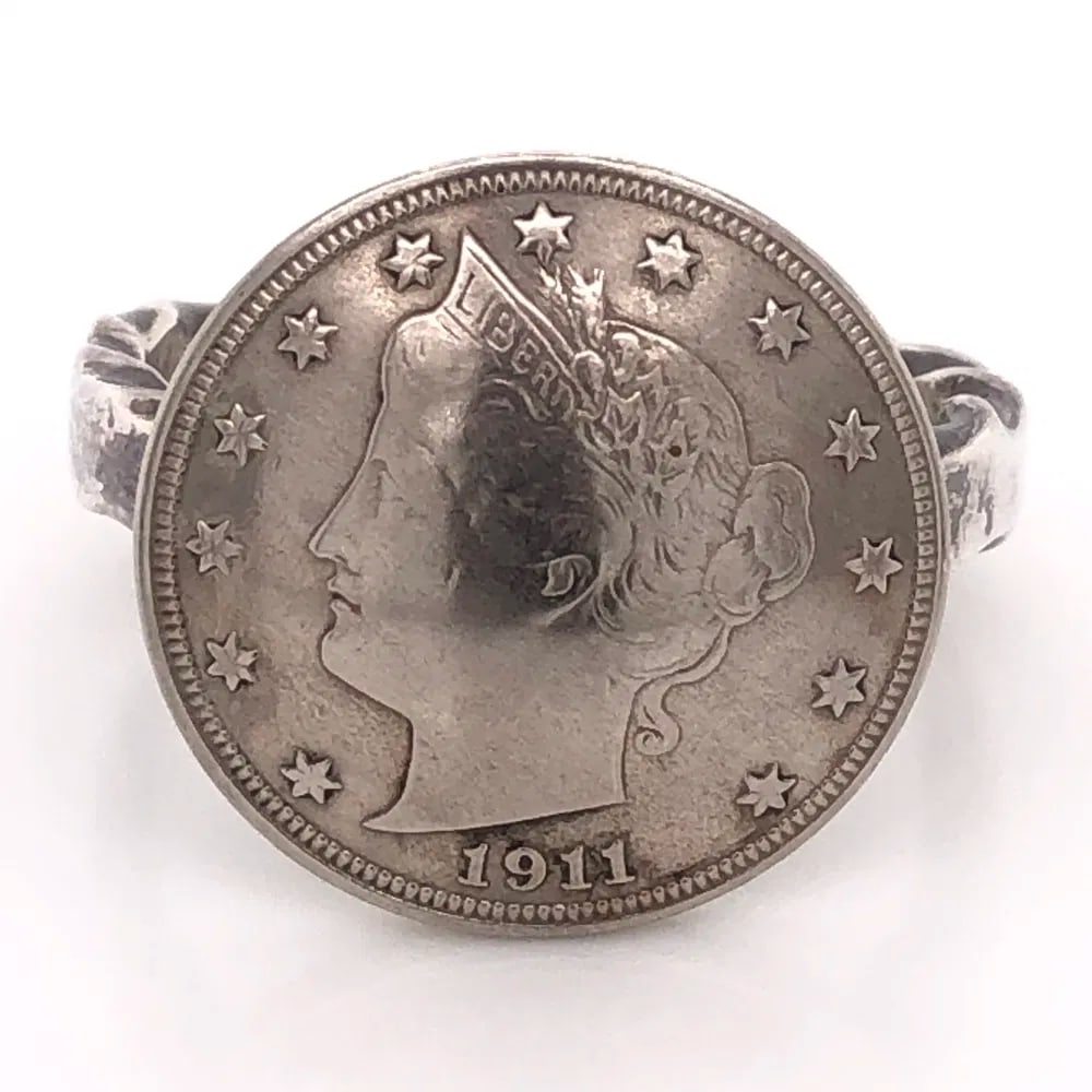 Sterling Silver Liberty Head Mens Ring: Vintage men's ring crafted in 925 sterling silver featuring a 1911 Liberty Head coin design, substantial and bold at 11.8 grams, size 13 7/8. - 925 sterling silver construction - 1911 Liberty Head coi
