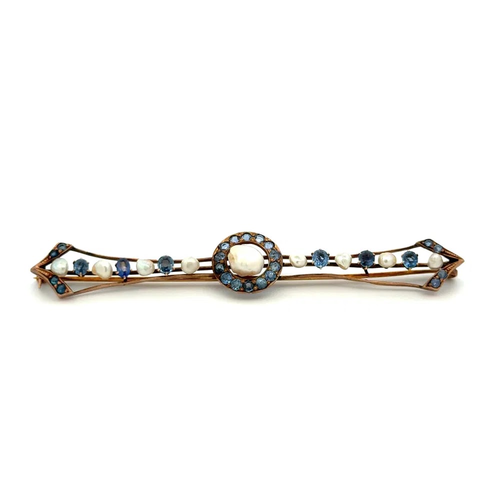 Victorian 9k Rose Gold Sapphire Pearl Brooch (1 of 4)