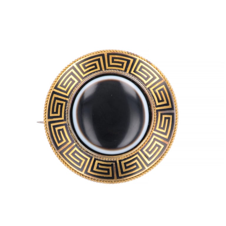 Victorian High Karat Gold Agate Mourning Pin: Victorian engraved Greek Revival mourning pin in high karat yellow gold, set with a cabochon agate and featuring a clear hair locket back—an exceptional historic keepsake. - Cabochon agate centerpie
