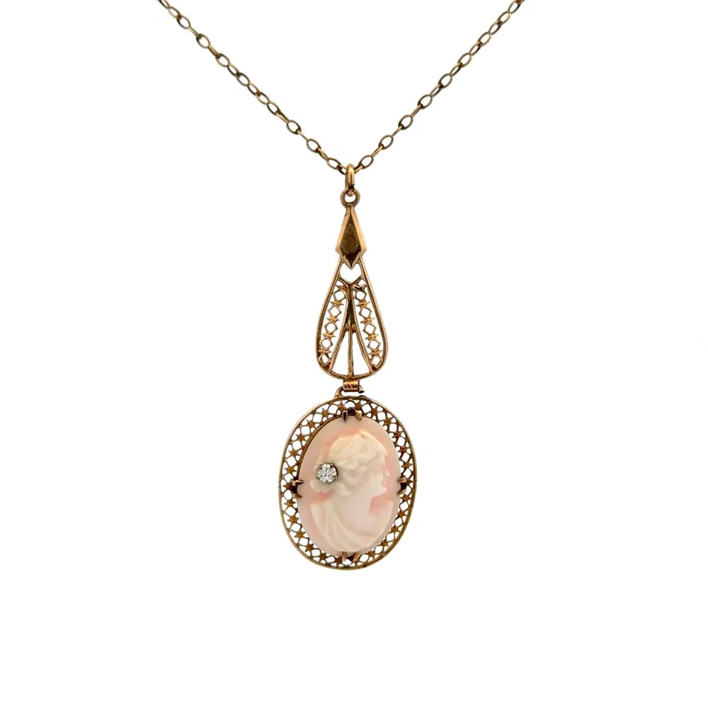 Victorian 9k Gold Coral Cameo Diamond Pendant (1 of 3)