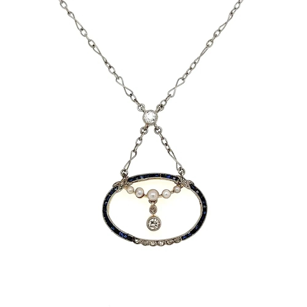 Edwardian Platinum 18k Sapphire Lavalier Necklace (1 of 4)
