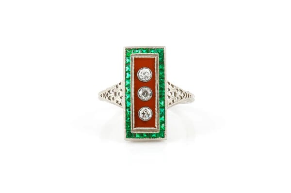 Edwardian 18k Gold Carnelian Emerald Ring: Antique Edwardian dinner ring from the 1910s featuring carnelian and French-cut emeralds accented with Old European Cut diamonds, beautifully set in 18k white gold. - Carnelian center with French-cut