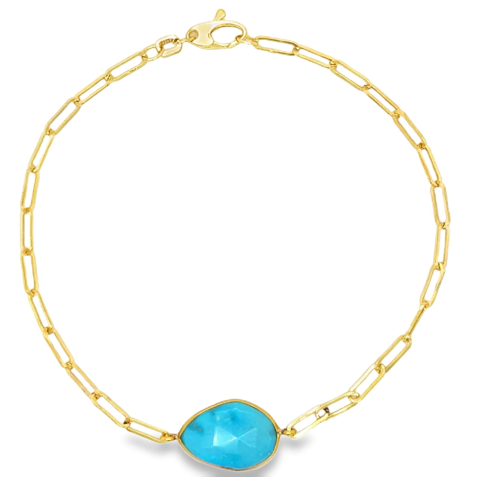 14k Gold Turquoise Link Bracelet: Contemporary turquoise bracelet crafted in 14k yellow gold featuring 4.00 carats of vivid turquoise cabochons, designed for elegant daily wear or layering. - 14k yellow gold, approx. 1.30 grams - Turq