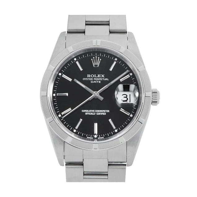 Rolex 34mm Oysterdate Steel Watch: Rolex Oysterdate ref. 15210 men's automatic watch with a 34mm stainless steel case, black dial with stick indexes, and matching stainless steel bracelet. - Model: 15210, automatic movement - 34mm stai