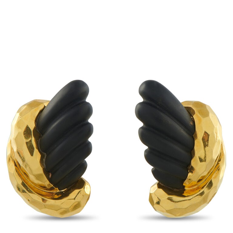 18k Gold Hammered Clip-On Earrings: Estate Henry Dunay clip-on earrings in hammered 18k yellow gold with blackened accents, combining opulent texture and sculptural contrast. - 18k yellow gold construction with hammered finish - Contras
