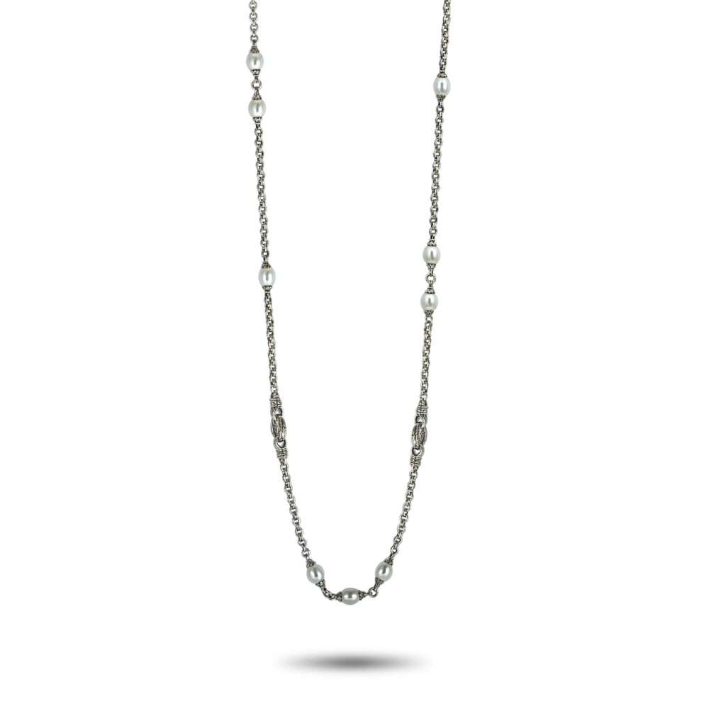 Scott Kay Silver 48" Pearl Chain Necklace: Scott Kay 48-inch long chain necklace crafted in sterling silver and adorned with luminous pearls, designed for layered elegance or stand-alone sophistication. - Solid 925 sterling silver chain - Cult