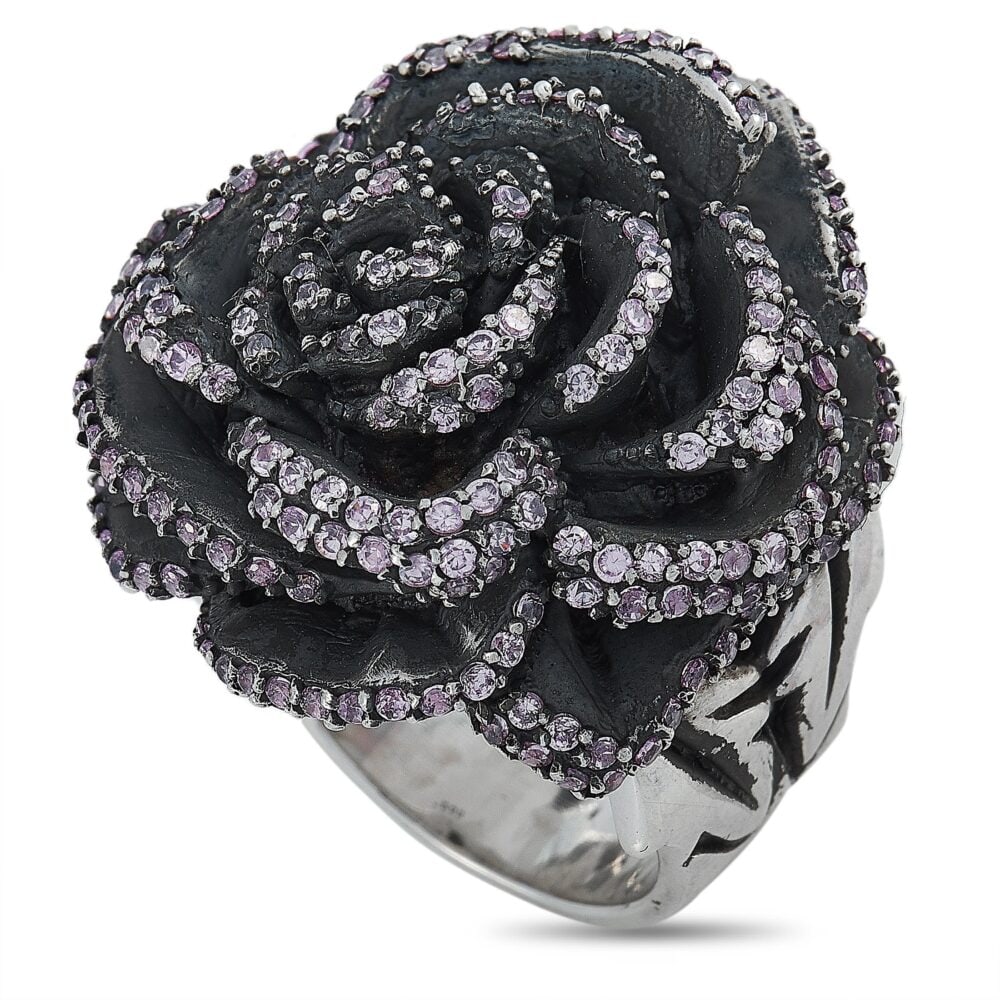 King Baby Silver Pink CZ Rose Ring: King Baby 'Rose' statement ring in sterling silver featuring sculpted rose motif and pavé-set pink cubic zirconia, bold and feminine in gothic floral form. - Solid 925 sterling silver - Pink cubic zi