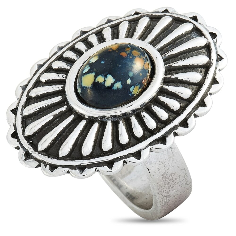 King Baby Silver Spotted Turquoise Ring: King Baby 'Large Starburst Concho' ring in sterling silver featuring a bold 8x10mm spotted turquoise centerpiece with starburst detailing and substantial profile. - 925 silver construction with oxidiz