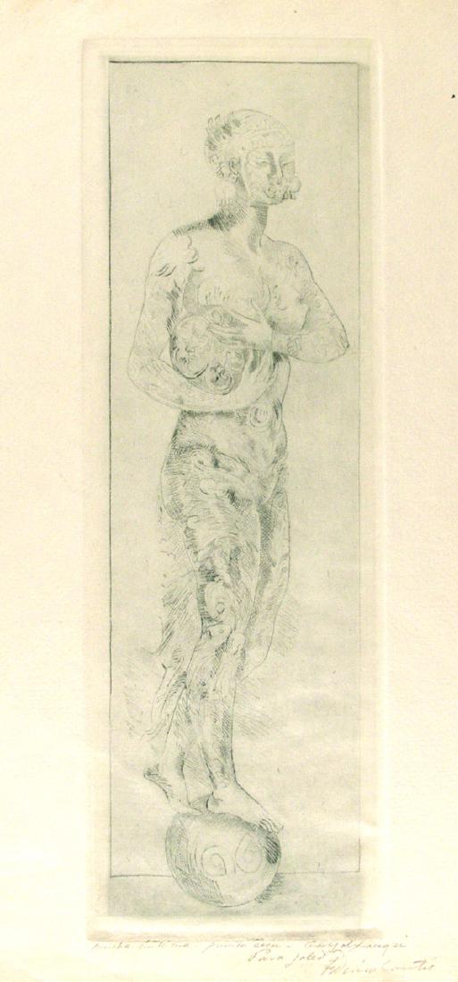 FEDERICO CANTU - Coyolxangui: Federico Cantu (Mexican, 1908 - 1989). "Coyolxangui". Etching. c1970s. Signed, titled, dedicated, and numbered in pencil. Very good condition. Dedicated to Jaled Muyaes: "Para Jaled," by the Artist. F