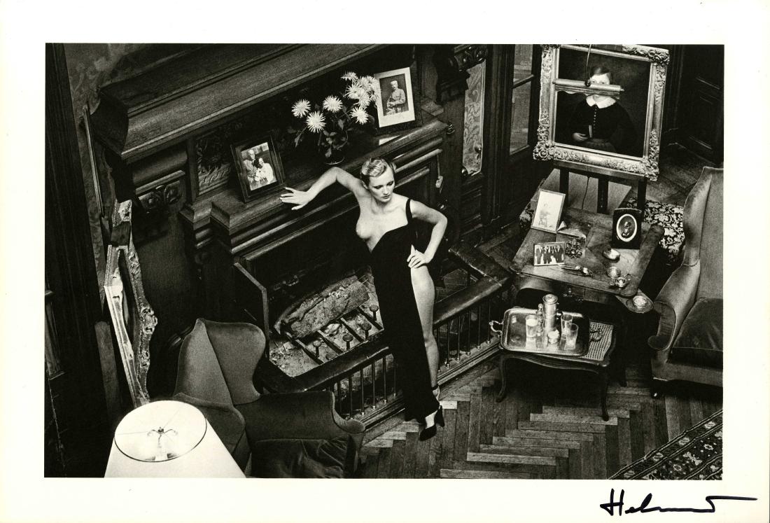 HELMUT NEWTON - Roselyne at Arcangues: Helmut Newton (German/Australian, 1920-2004). "Roselyne at Arcangues". Original vintage photolithograph. 1975. Printed 1979. Signed in black marker, lower right; signed again and identified as to titl
