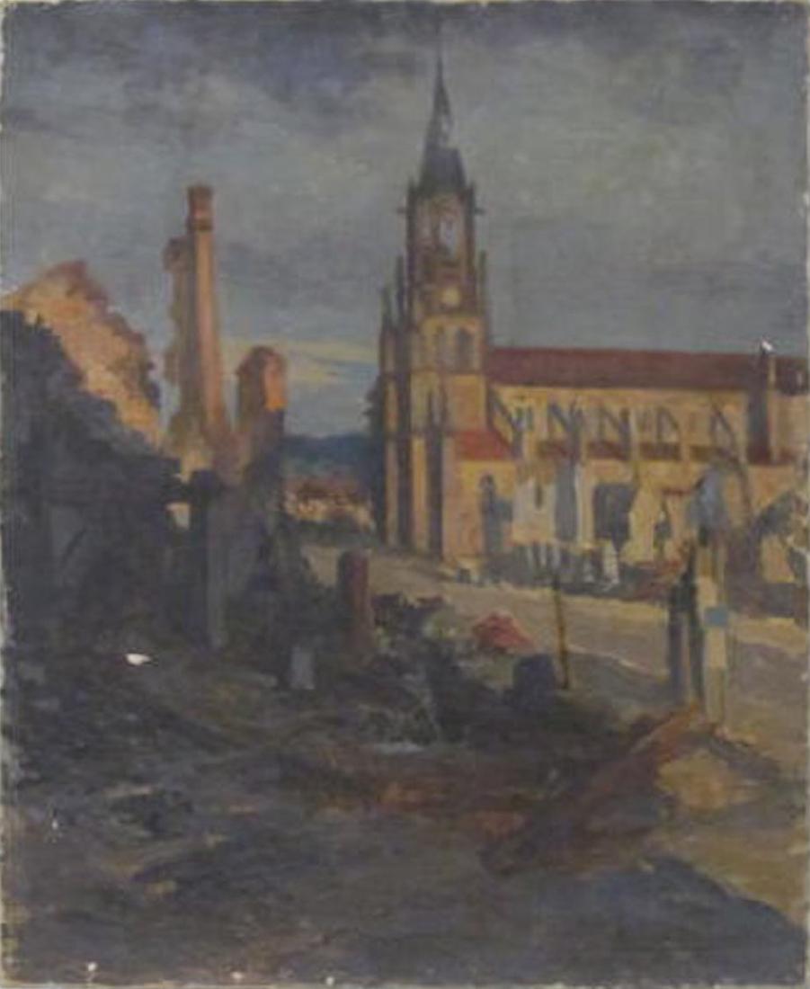 GEORGES PLASSE - Eglise au Baccarat: Georges Plasse (French, 1878-1948). "Eglise au Baccarat". Oil on canvas. 1921. Signed and dated, lower right. Good condition; some minor paint flaking; frame rubbing right side. Image size: 24 x 20 in