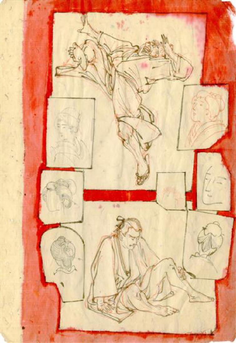 TSUKIOKA YOSHITOSHI - Study for Woodcut #09: Tsukioka Yoshitoshi (Japanese, 1839-1892). "Study for Woodcut #09". Pen and ink drawing. c1880s. Translucent Gampi (Washi/Rice/Mulberry) paper affixed at the corners to a semi-opaque, handmade, laid p