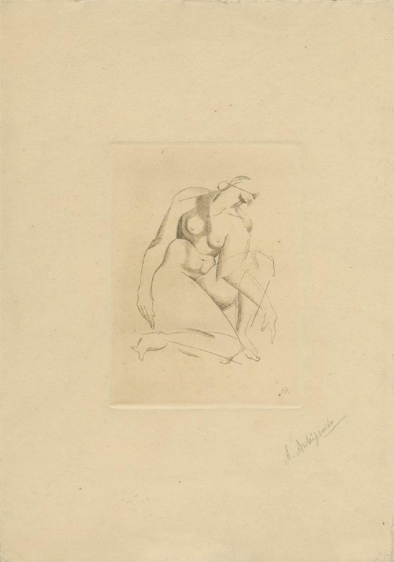 ALEXANDER ARCHIPENKO - Kneeling: Alexander Archipenko (Ukranian-Russian-American, 1887 - 1964). "Kneeling [unrecorded signed lifetime impression]". Original drypoint. 1920. Signed in pencil, lower right. Not editioned in Archipenko's