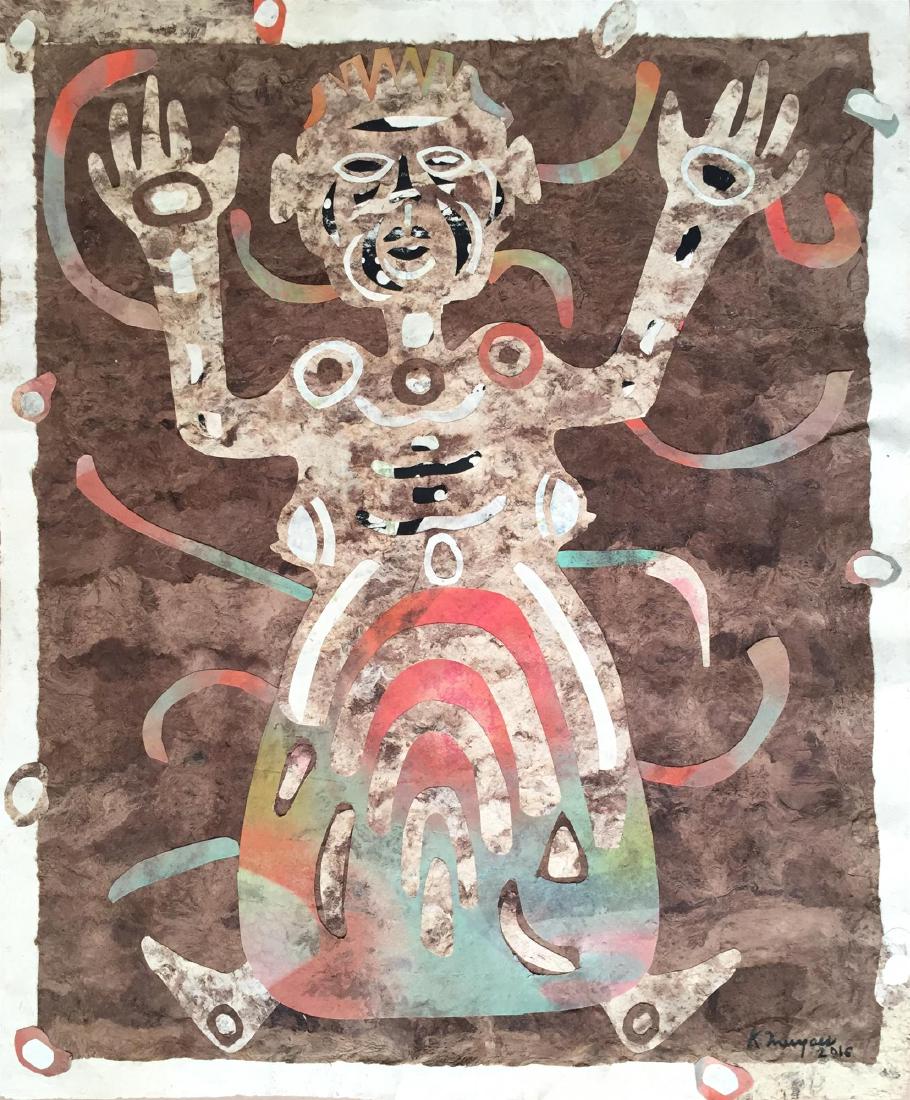 KARIMA MUYAES - Dancing Shaman Woman: Karima Muyaes (Mexican, b.1960). "Dancing Shaman Woman". Collage with handmade amate (Mexican bark) paper. 2016. Signed lower right. Fine condition. Literature/catalogue raisonne: This work will be in