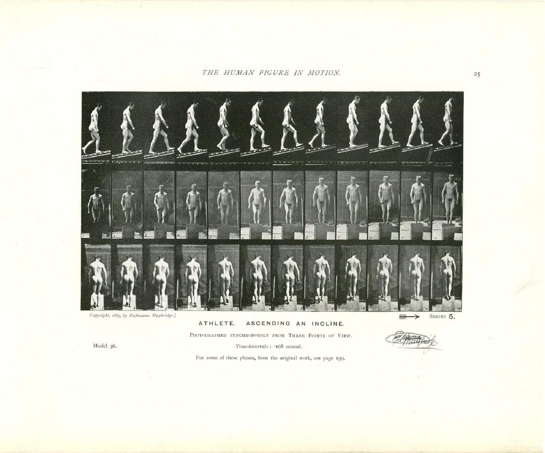 EADWEARD MUYBRIDGE - Athlete: Ascending an Incline: Eadweard Muybridge (English/American, 1830-1904). "Athlete: Ascending an Incline [from The Human Figure in Motion: Plate 05]". Original photomezzotint & letterpress. 1872-1885. Printed 1901. Stamped w