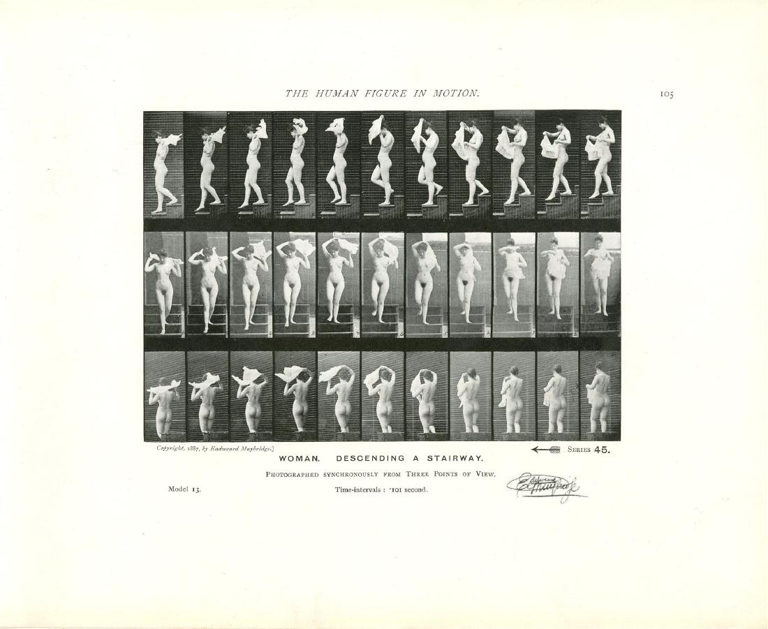 EADWEARD MUYBRIDGE - Woman: Descending a Stairway: Eadweard Muybridge (English/American, 1830-1904). "Woman: Descending a Stairway [from The Human Figure in Motion: Plate 45]". Original photomezzotint & letterpress. 1872-1885. Printed 1901. Stamped wi
