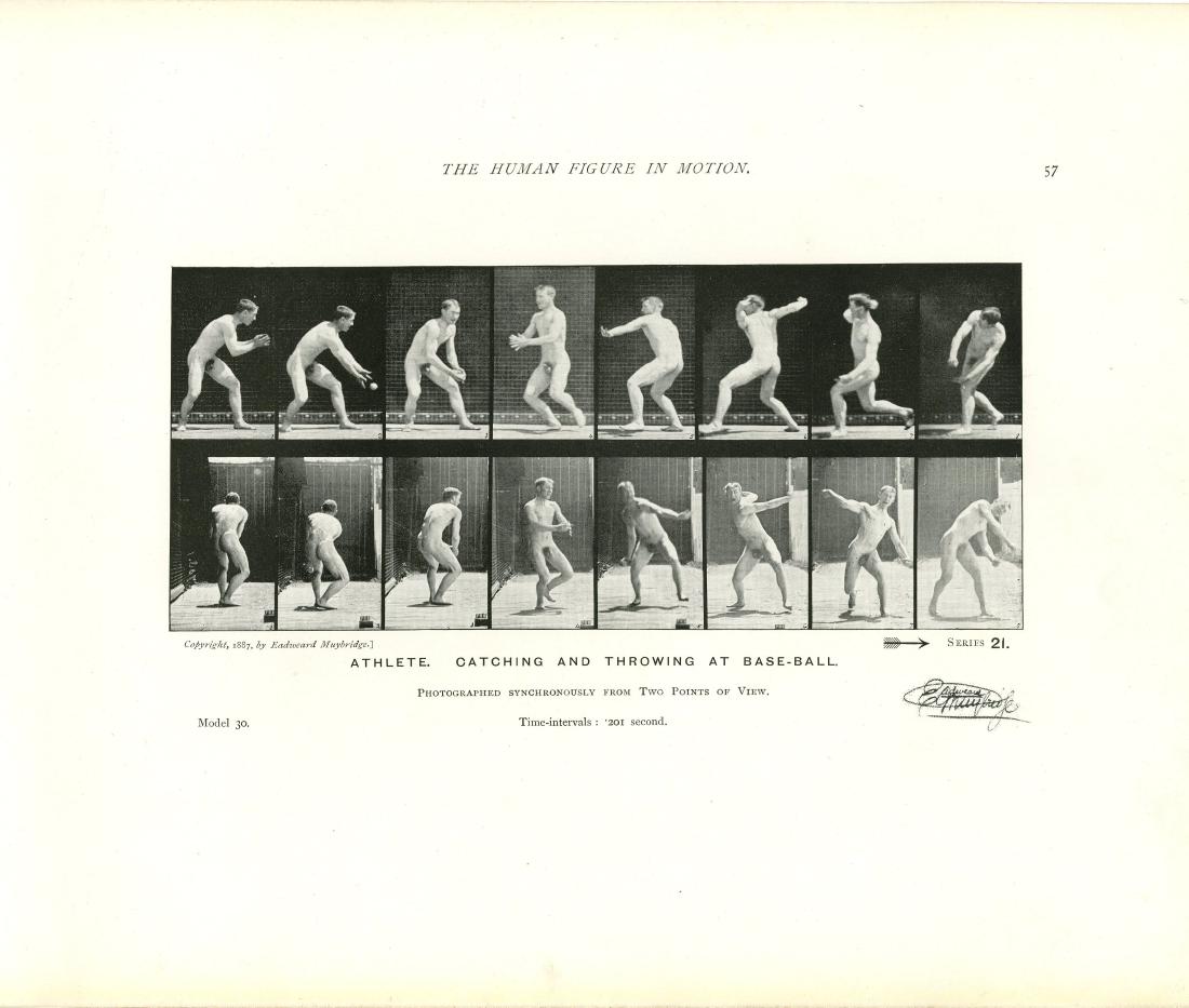 EADWEARD MUYBRIDGE - Athlete: Catching and: Eadweard Muybridge (English/American, 1830-1904). "Athlete: Catching and Throwing at Base-Ball [from The Human Figure in Motion: Plate 21]". Original photomezzotint & letterpress. 1872-1885. Printed 1