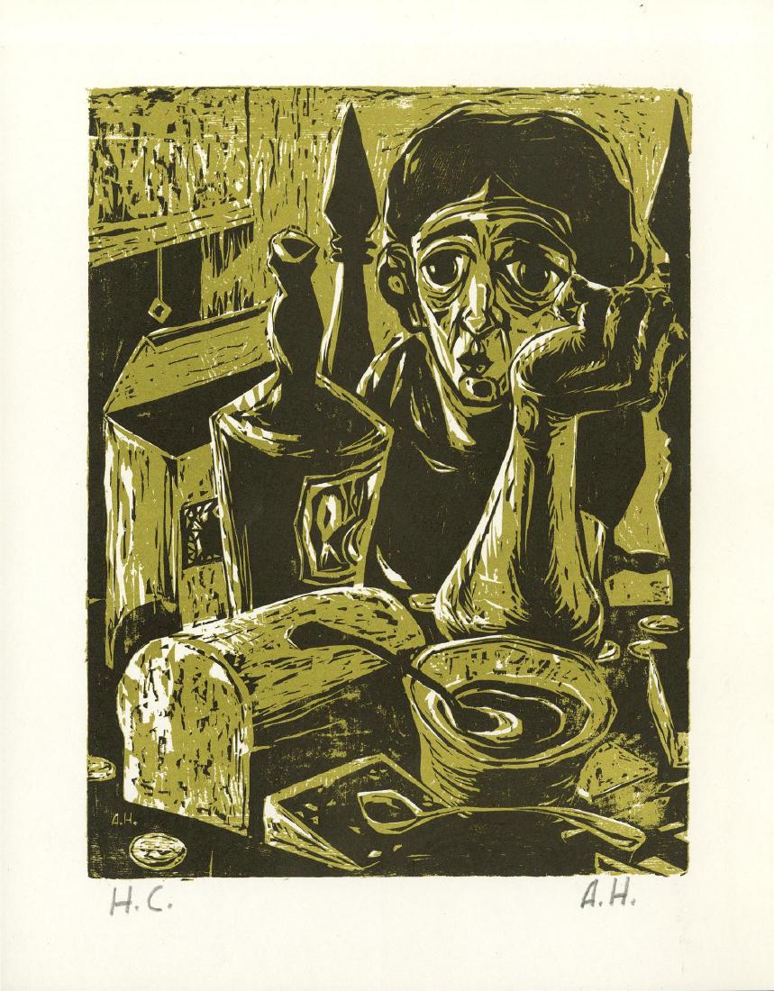 ALVIN HOLLINGSWORTH - Lonely Woman: Alvin Hollingsworth (American, 1928-2000). "Lonely Woman". Original color woodcut. c1960. Initialed in pencil, lower right; editioned (HC) in pencil, lower left; initialed in the plate, lower left. Ed
