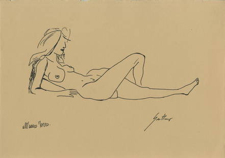 RENATO GUTTUSO - Donna nuda sdraiata: Renato Guttuso (Italian, 1911-1987). "Donna nuda sdraiata". Ink on paper. c1962. Signed lower right. Light tan wove paper. Fine condition. Overall size: 10 x 14 1/8 in. (254 x 359 mm). Guttuso was a p