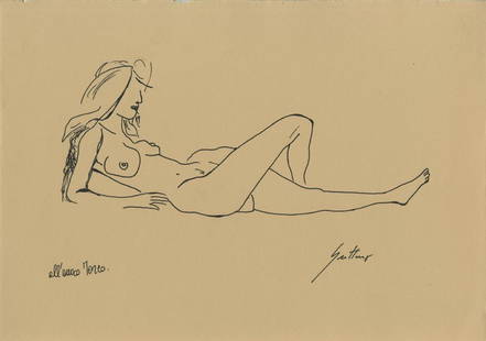 RENATO GUTTUSO - Donna nuda sdraiata: Renato Guttuso (Italian, 1911-1987). "Donna nuda sdraiata". Ink on paper. c1962. Signed lower right. Light tan wove paper. Fine condition. Overall size: 10 x 14 1/8 in. (254 x 359 mm). Guttuso was a p