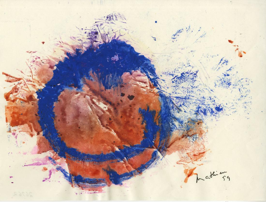 GEORGES MATHIEU - Composition: Georges Mathieu (French, 1921-2012). "Composition". Watercolor and gouache. 1959. Signed and dated, lower right. White wove paper. Very good condition; some soft folds and minor rippling. Overall size