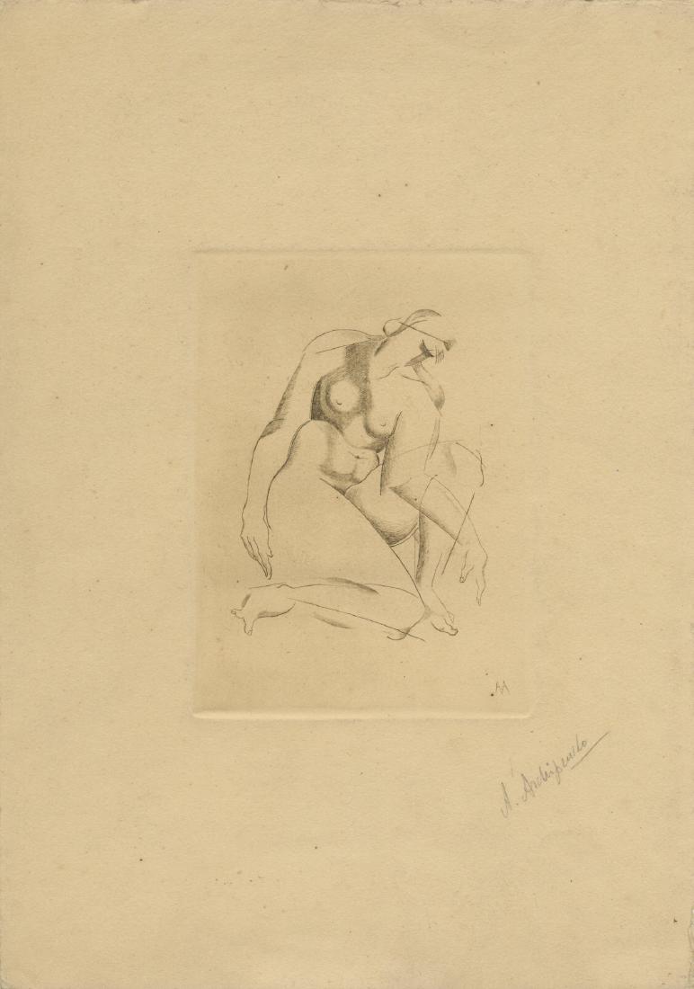 ALEXANDER ARCHIPENKO - Kneeling: Alexander Archipenko (Ukranian-Russian-American, 1887 - 1964). "Kneeling [unrecorded signed lifetime impression]". Original drypoint. 1920. Signed in pencil, lower right. Not editioned in Archipenko's