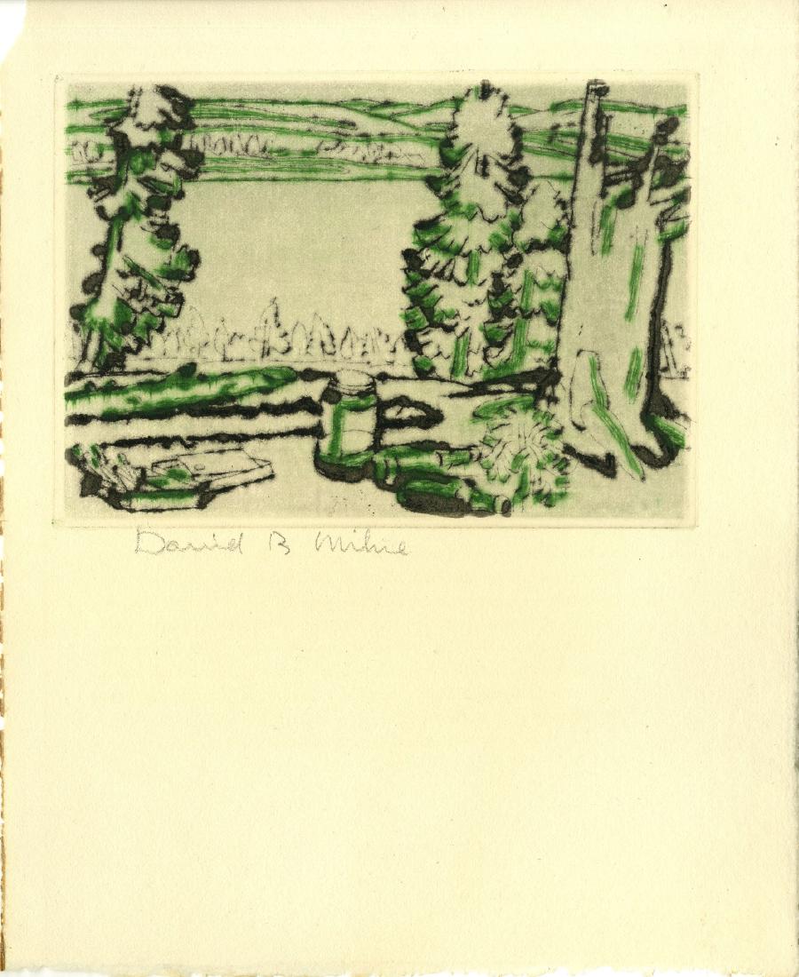 DAVID B. MILNE - Painting Place/Hilltop: David B. Milne (Canadian, 1882 - 1953). "Painting Place/Hilltop". Color drypoint. 1931. Signed in pencil, lower left. Edition of 3,000 (of which all were printed?). Cream wove Fabriano paper. Deckle e