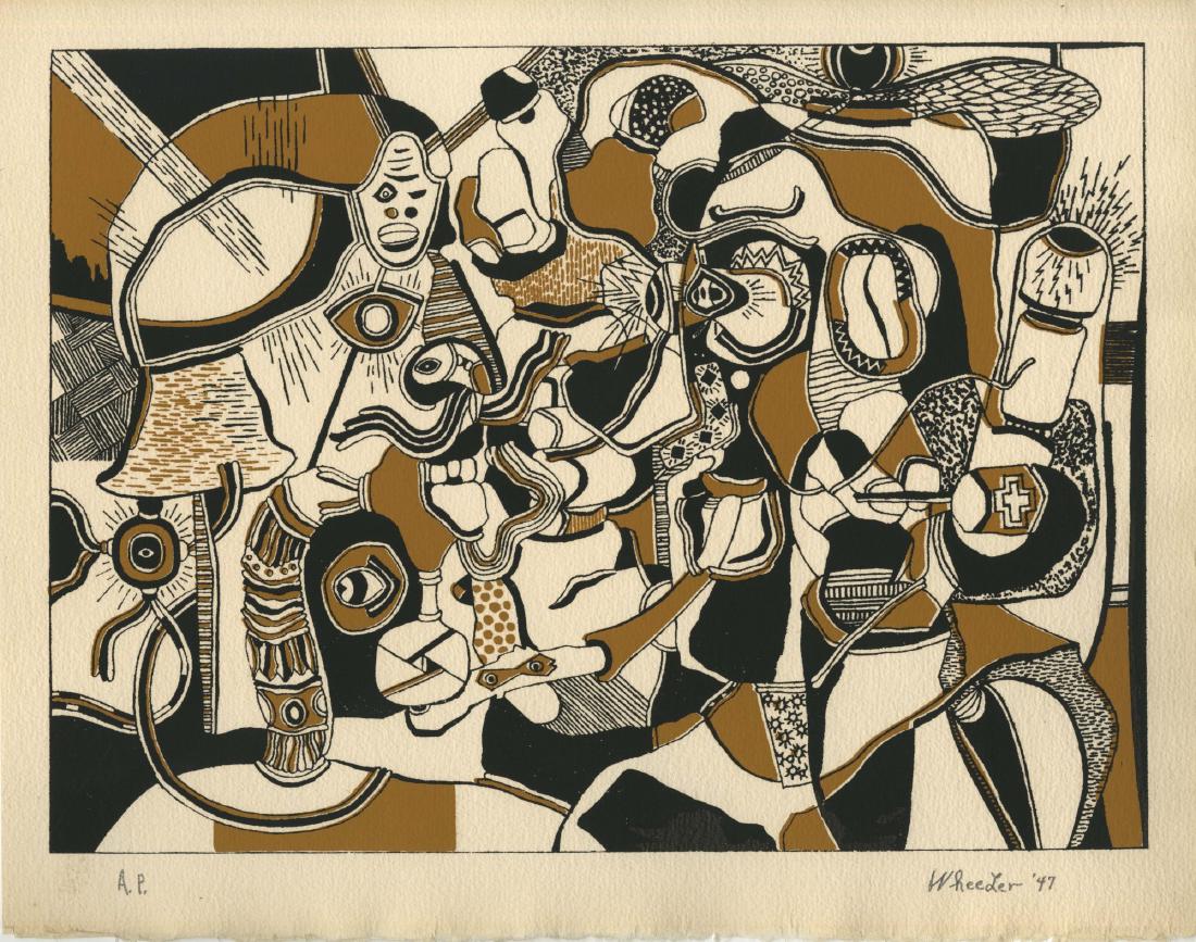 STEVE WHEELER - Sheik and Private Leon: Steve Wheeler (American, 1912 - 1992). "Sheik and Private Leon". Original color silkscreen. 1947. Signed "Wheeler" and dated in pencil, lower right. Annotated "A.P" in pencil, lower left. An artist pr