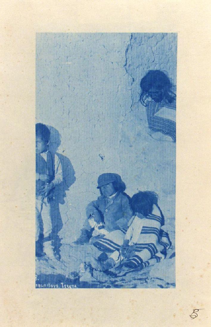CHARLES FLETCHER LUMMIS - Pueblo Boys, Isleta: Charles Fletcher Lummis (American, 1859 - 1928). "Pueblo Boys, Isleta". Original vintage cyanotype. 1890s. Printed 1890s. Titled in the negative. High-grade archival paper. Wide margins. High quality 
