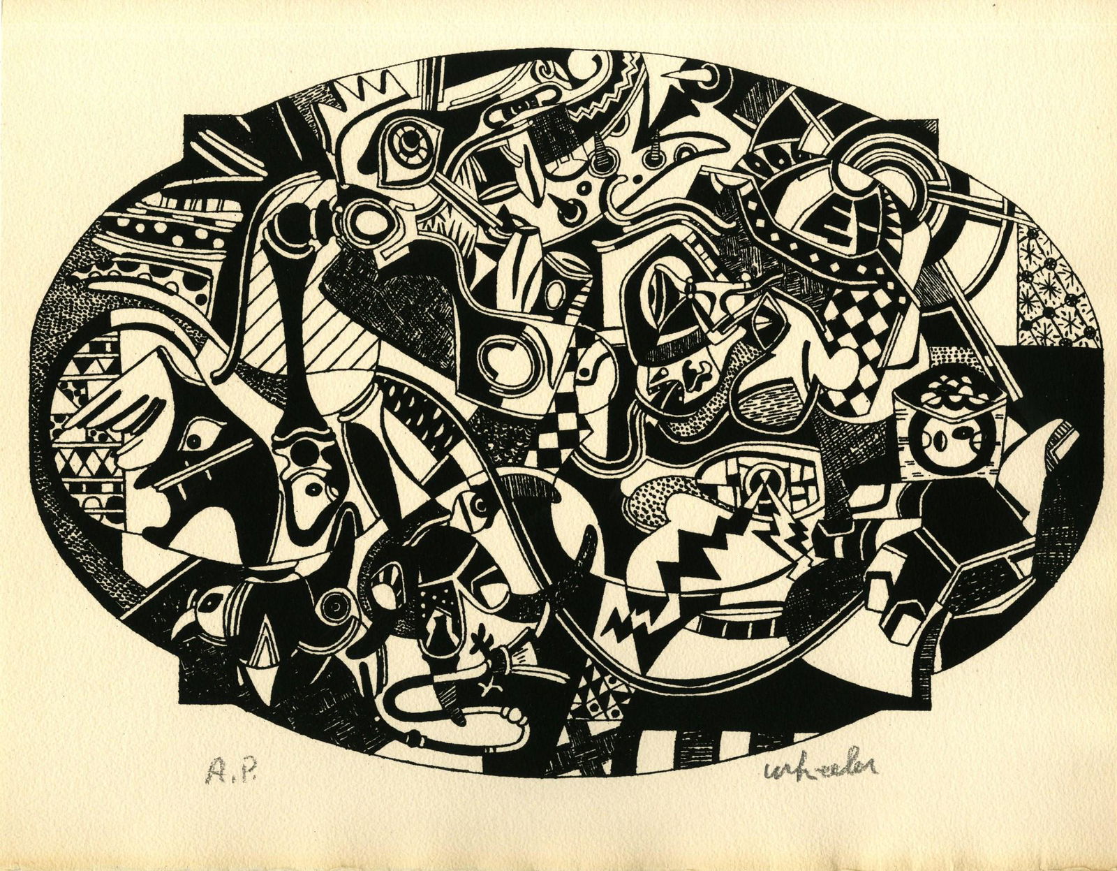 STEVE WHEELER - Thunder and Short Beer - Original: Artist: Steve Wheeler (American, 1912 - 1992). Title: "Thunder and Short Beer". Medium: Original silkscreen. Date: 1947. Lot Note(s): Signed "Wheeler" in pencil, lower right. Annotated "A.P."