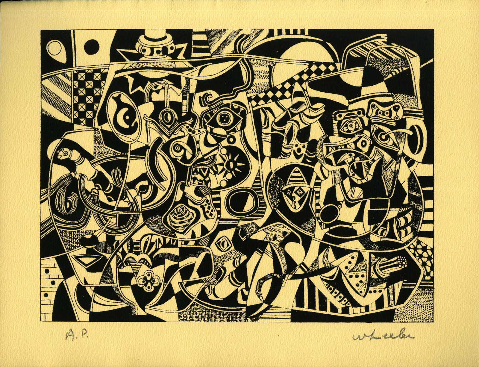 STEVE WHEELER - Newbe - Original silkscreen: Artist: Steve Wheeler (American, 1912 - 1992). Title: "Newbe". Medium: Original silkscreen. Date: 1947. Lot Note(s): Signed "Wheeler" in pencil, lower right. Annotated "A.P." in pencil, lower