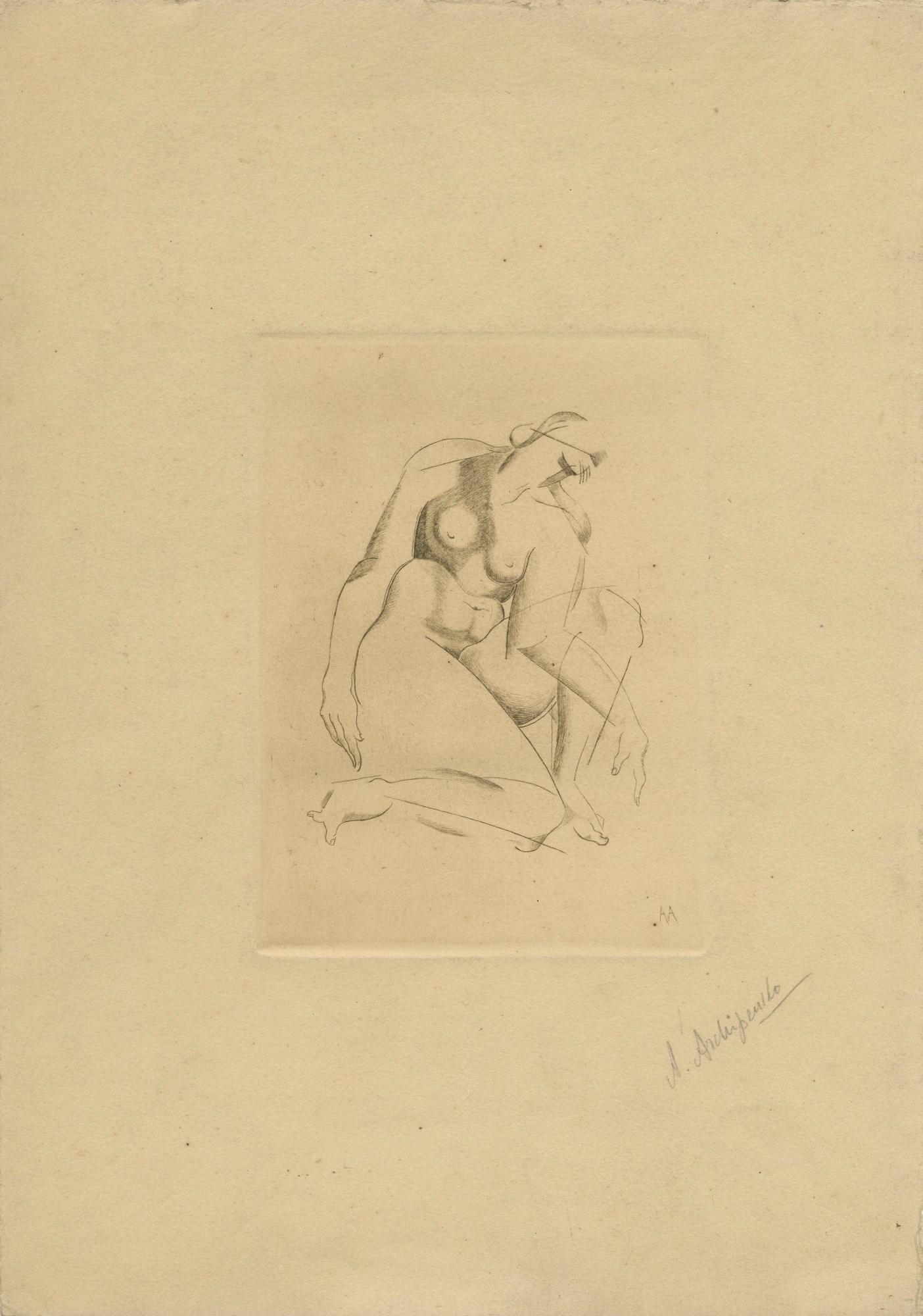 ALEXANDER ARCHIPENKO - Kneeling - Original drypoint: Artist: Alexander Archipenko (Ukranian-Russian-American, 1887 - 1964). Title: "Kneeling [unrecorded signed lifetime impression]". Medium: Original drypoint. Date: 1920. Lot Note(s): Signed in