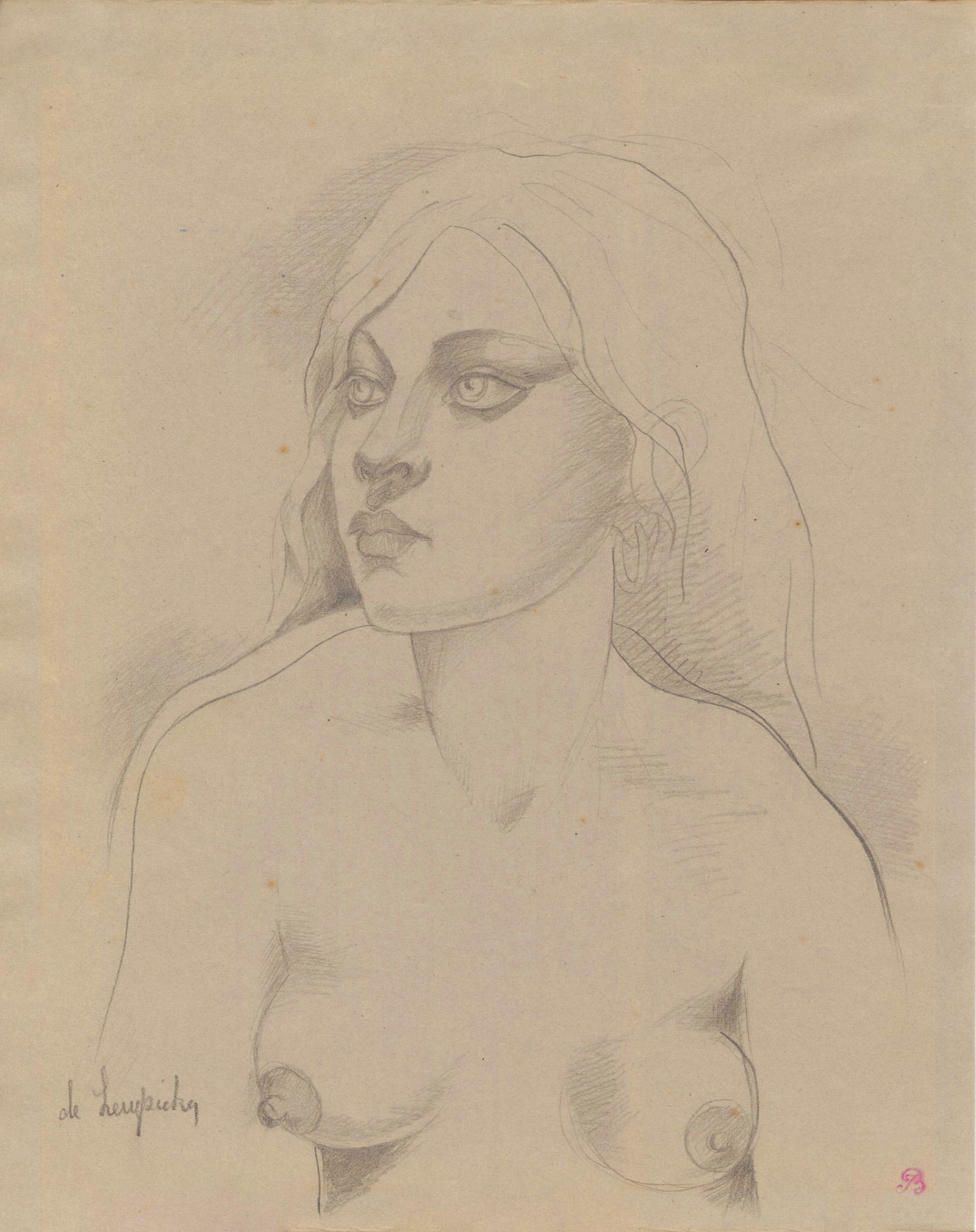 TAMARA DE LEMPICKA - Portrait d'une jeune femme nue -: Artist: Tamara de Lempicka (Polish, 1898-1980). Title: "Portrait d'une jeune femme nue". Medium: Pencil drawing on paper. Date: 1926-28. Lot Note(s): Signed in pencil, lower left; collector s