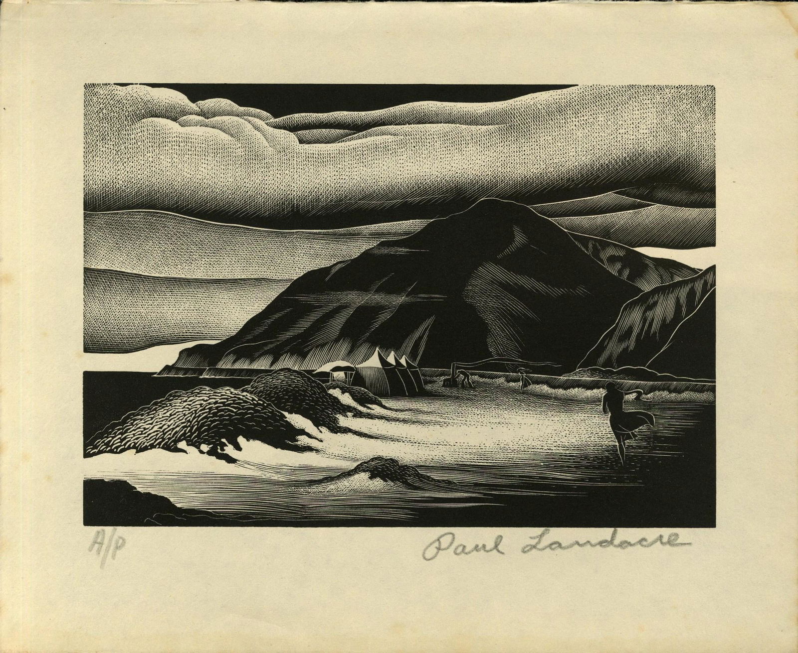 PAUL HAMBLETON LANDACRE - Campers - Wood engraving: Artist: Paul Hambleton Landacre (American, 1893 - 1963). Title: "Campers". Medium: Wood engraving. Date: 1939-40. Lot Note(s): Signed in pencil, lower right. An artist proof apart from the ed